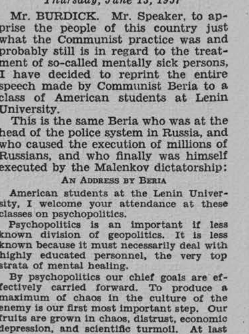 Congressional Record, June 13, 1957, p. A4644: Rep. Burdick introduces "An Address by Beria"