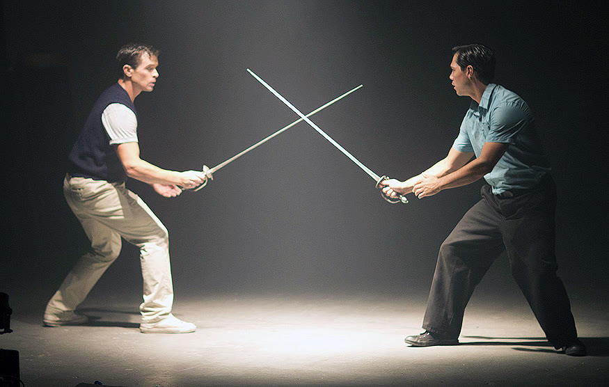 Sword duel in the warehouse