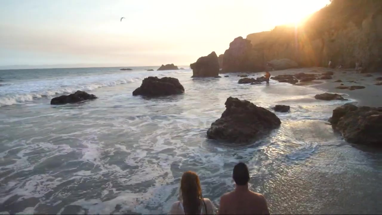 McKay Stewart and Tea McKay at El Matador Beach at sunset during the Never Stop music video